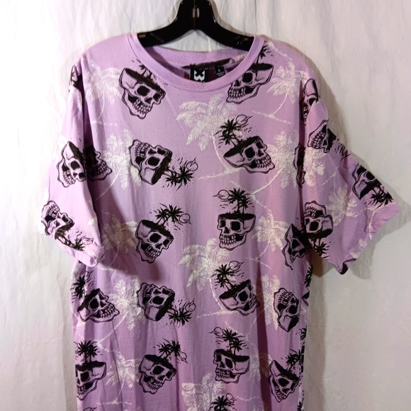 WXYZ Mens Large Graphic T-Shirt Purple Lavender Skulls Palm Tree - Picture 2 of 7